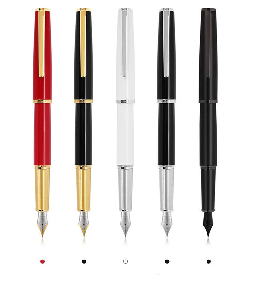 Retro fountain pens in red, black, white and metallic finishes arranged on white