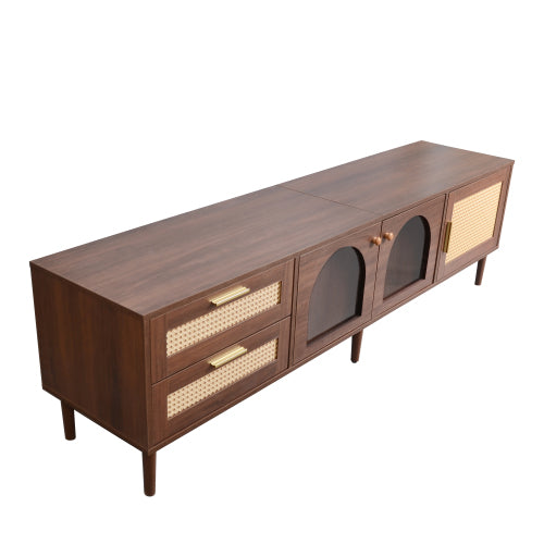 Angled product view of the media console with woven-look fronts