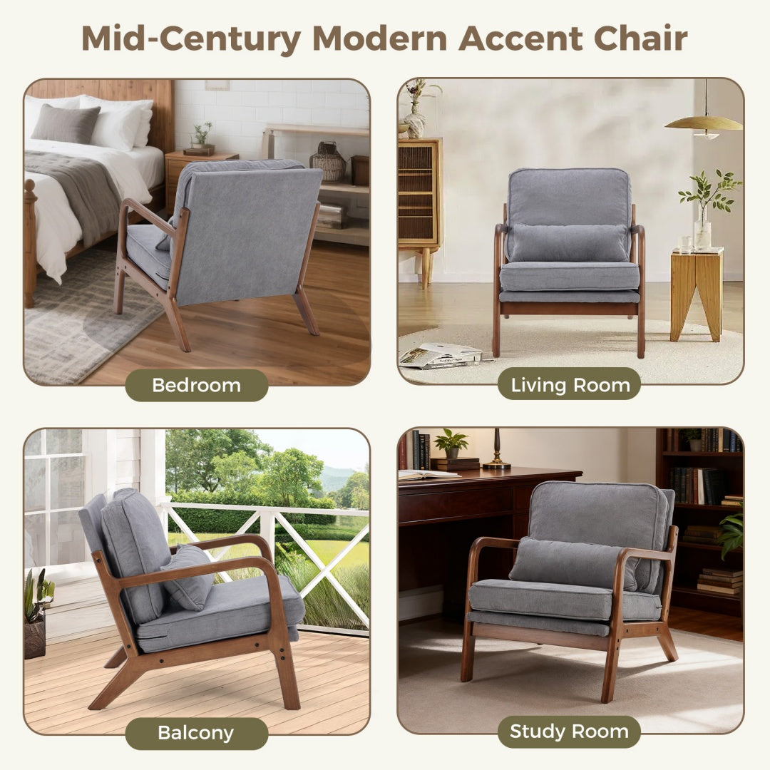 Mid-Century Modern Accent Chair with Arms & Cushioned Seat – Solid Wood Frame
