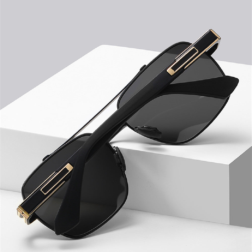 Folded rectangular fashion glasses showing gold-tone temple details