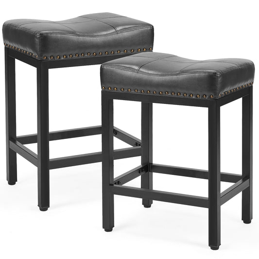 Pair of black upholstered saddle counter stools with black frames