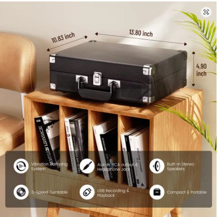 Portable Vintage Suitcase Turntable (Maio C210) — 3-Speed, Bluetooth TX/RX, Built-In Speakers