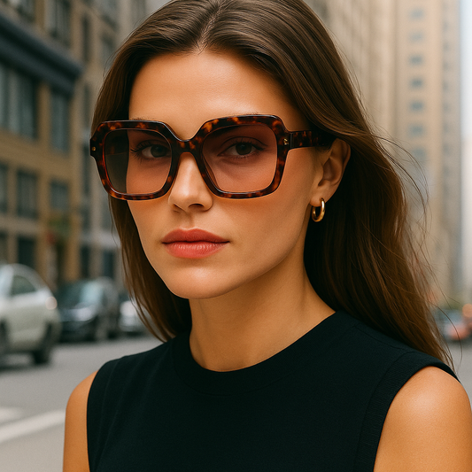 Young woman wearing MidCentury Muse Shades retro oversized square sunglasses in city street