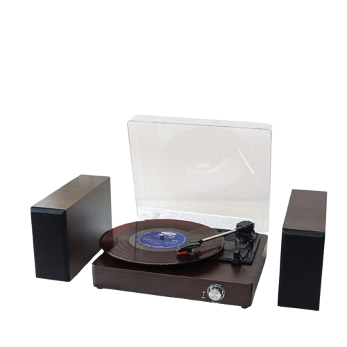 Vintage-style Hi-Fi turntable in dark walnut finish with matching external speakers and transparent dust cover — elegant minimalist product photo for TheRetroGift.