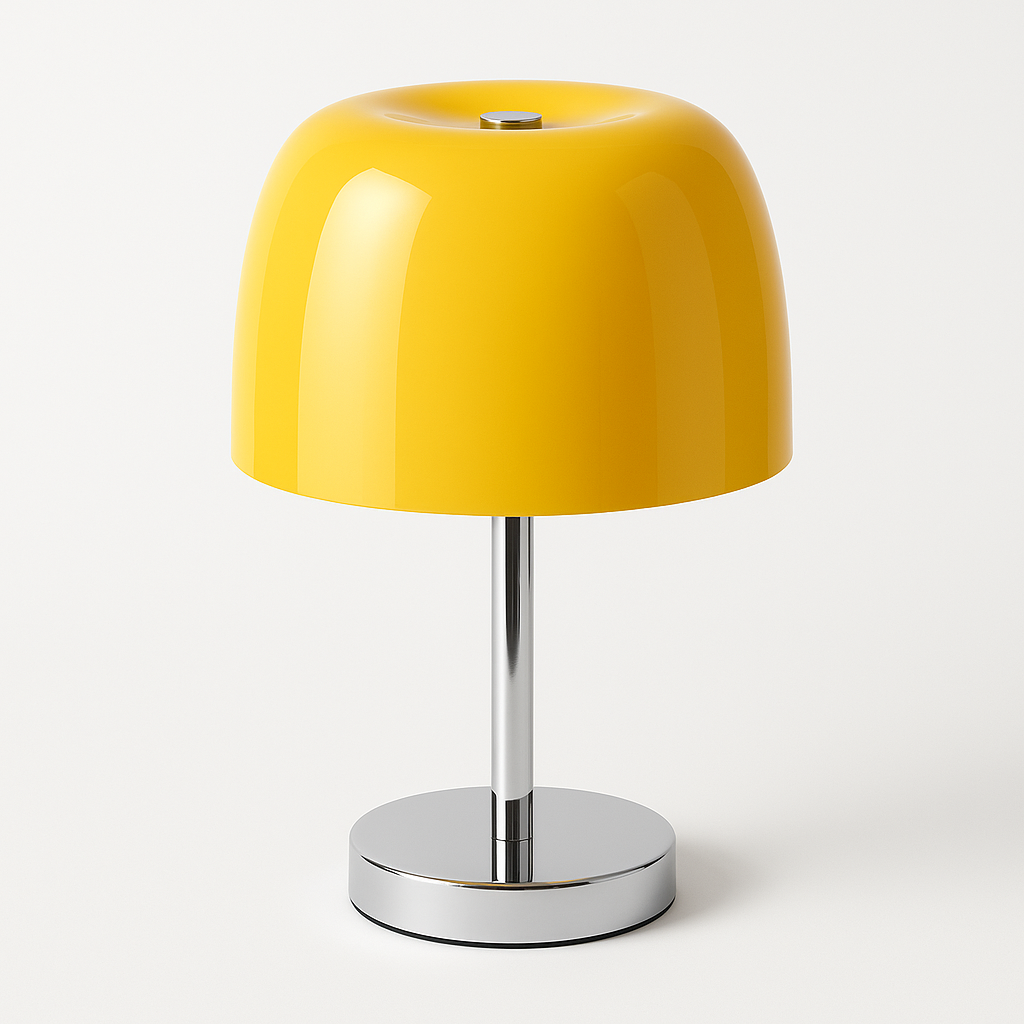 Retro Yellow Mushroom Table Lamp — Chrome Base, 70s Space Age Style
