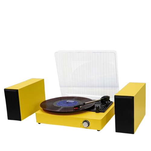 Vintage-style Hi-Fi turntable in bright retro yellow with matching external speakers and transparent dust cover — minimalist studio photo for TheRetroGift.
