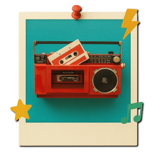 retro portable radio boombox with people sitting nearby