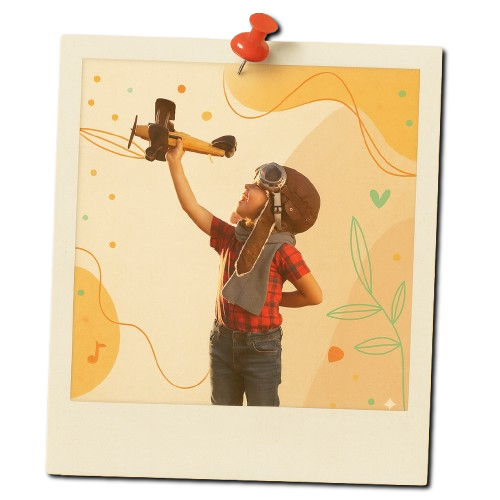 Kids category cover: happy child with wooden toy plane, promoting retro games for imaginative play