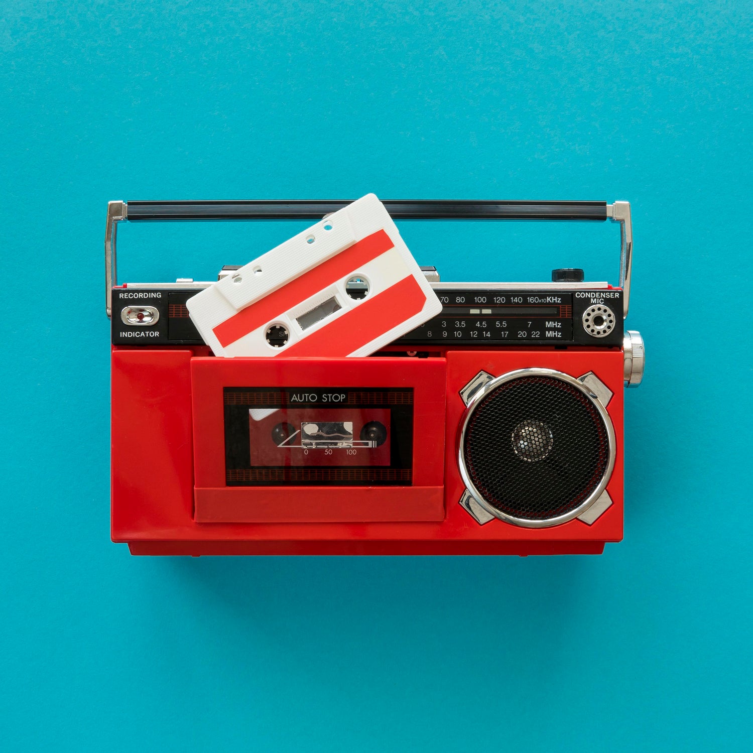 retro portable radio boombox with people sitting nearby