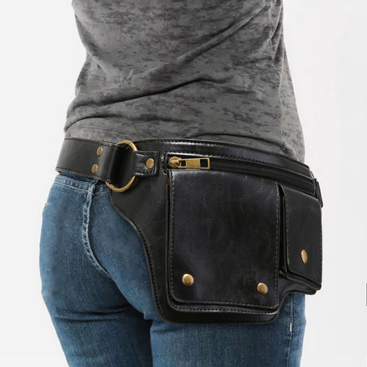 Black faux-leather utility waist bag worn with jeans