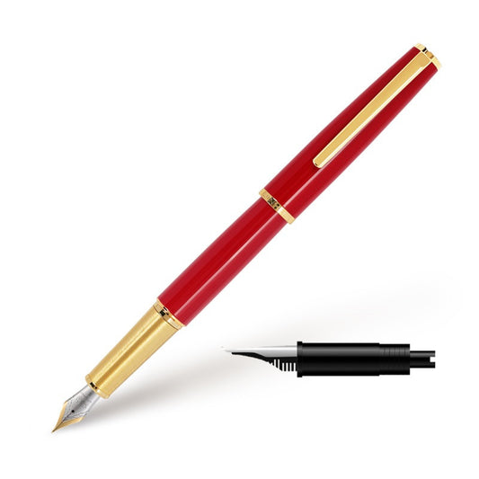 Red fountain pen with gold-tone trim and a separate nib assembly