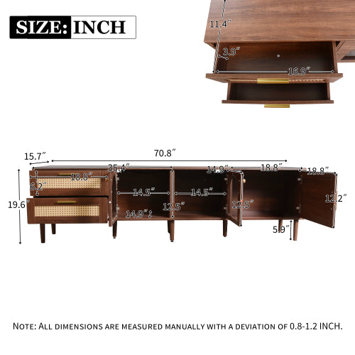 Media console measurement diagram with cabinet and drawer dimensions
