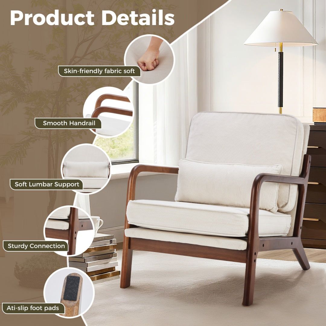 Mid-Century Modern Accent Chair with Arms & Cushioned Seat – Solid Wood Frame