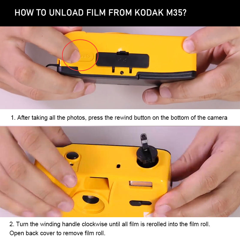 Illustrated instructions for rewinding and unloading film