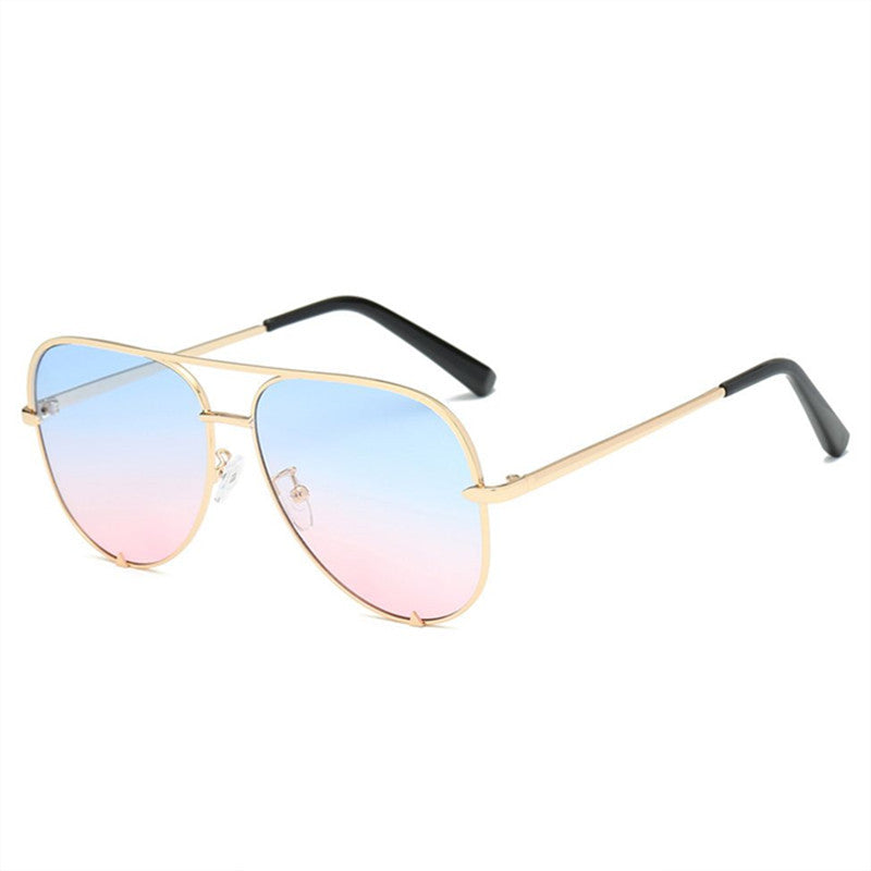 Oversized aviator glasses with gold-tone frame and blue-pink lenses