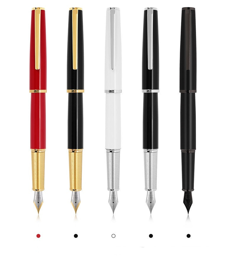 Retro fountain pens in red, black, white and metallic finishes arranged on white