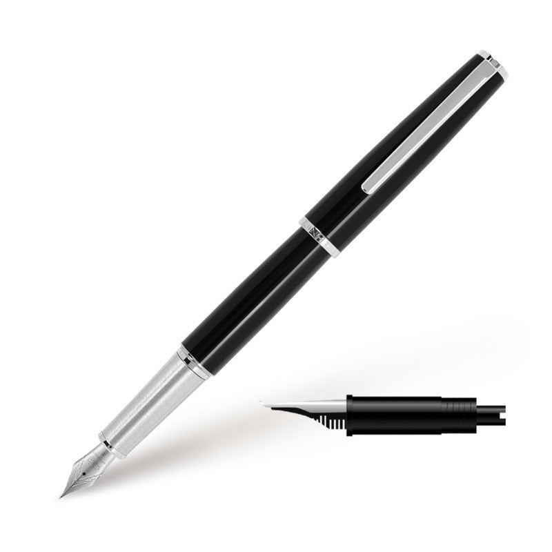 Black fountain pen with silver-tone trim and a separate nib assembly