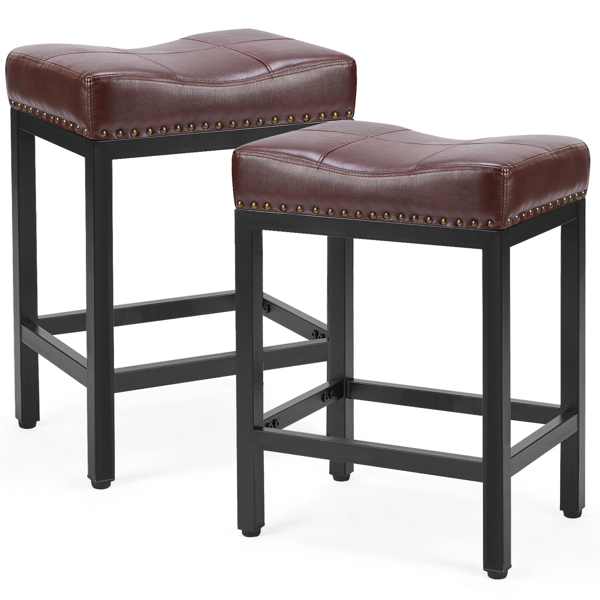 Pair of brown upholstered saddle counter stools with black frames