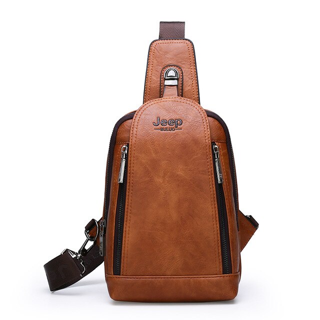 Orange-brown sling bag with vertical zip compartment and visible Jeep logo
