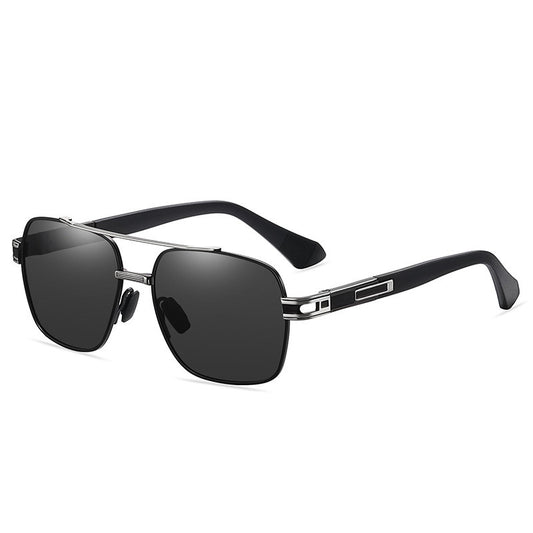 Rectangular dark-lens glasses with silver-tone bridge and temple details