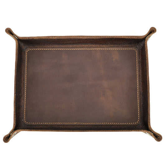 Top view of an empty brown rectangular valet tray on white