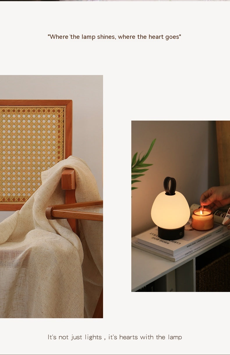 Pear lamp in two room settings with supplier promotional text