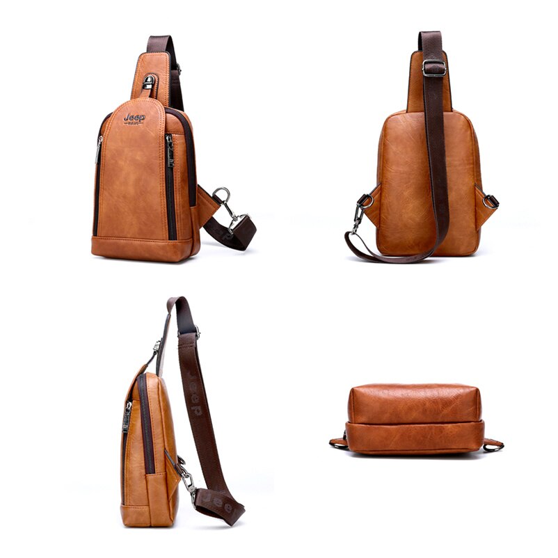 Front, side, rear and base views of the orange-brown sling bag