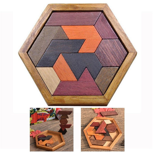Wooden Hexagon Puzzle – Montessori Brain Teaser for Kids & Adults