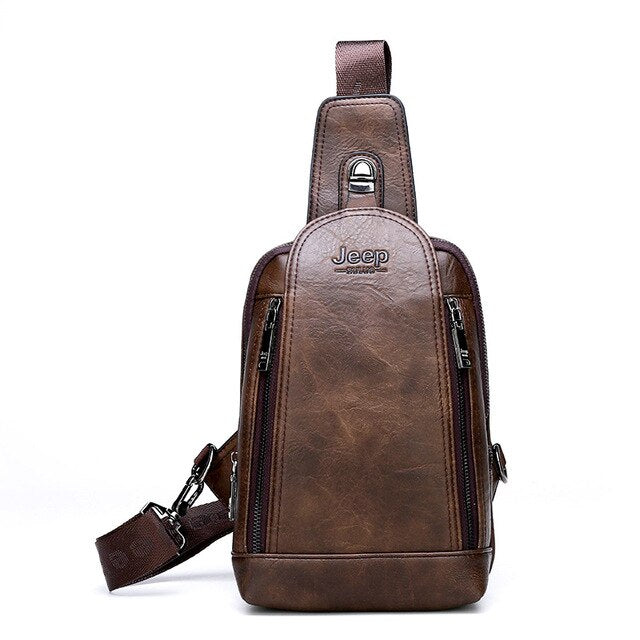 Brown sling bag with adjustable strap and visible Jeep logo