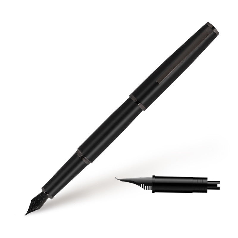 All-black fountain pen with cap and separate nib assembly