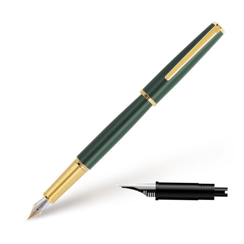 Green fountain pen with gold-tone trim and a separate nib assembly