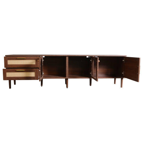 Media console with cabinet doors and drawers open