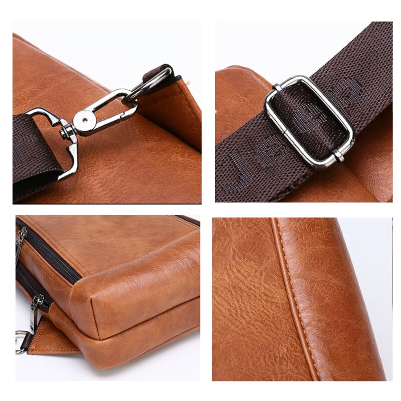 Close-up collage of the sling bag strap, zipper and hardware