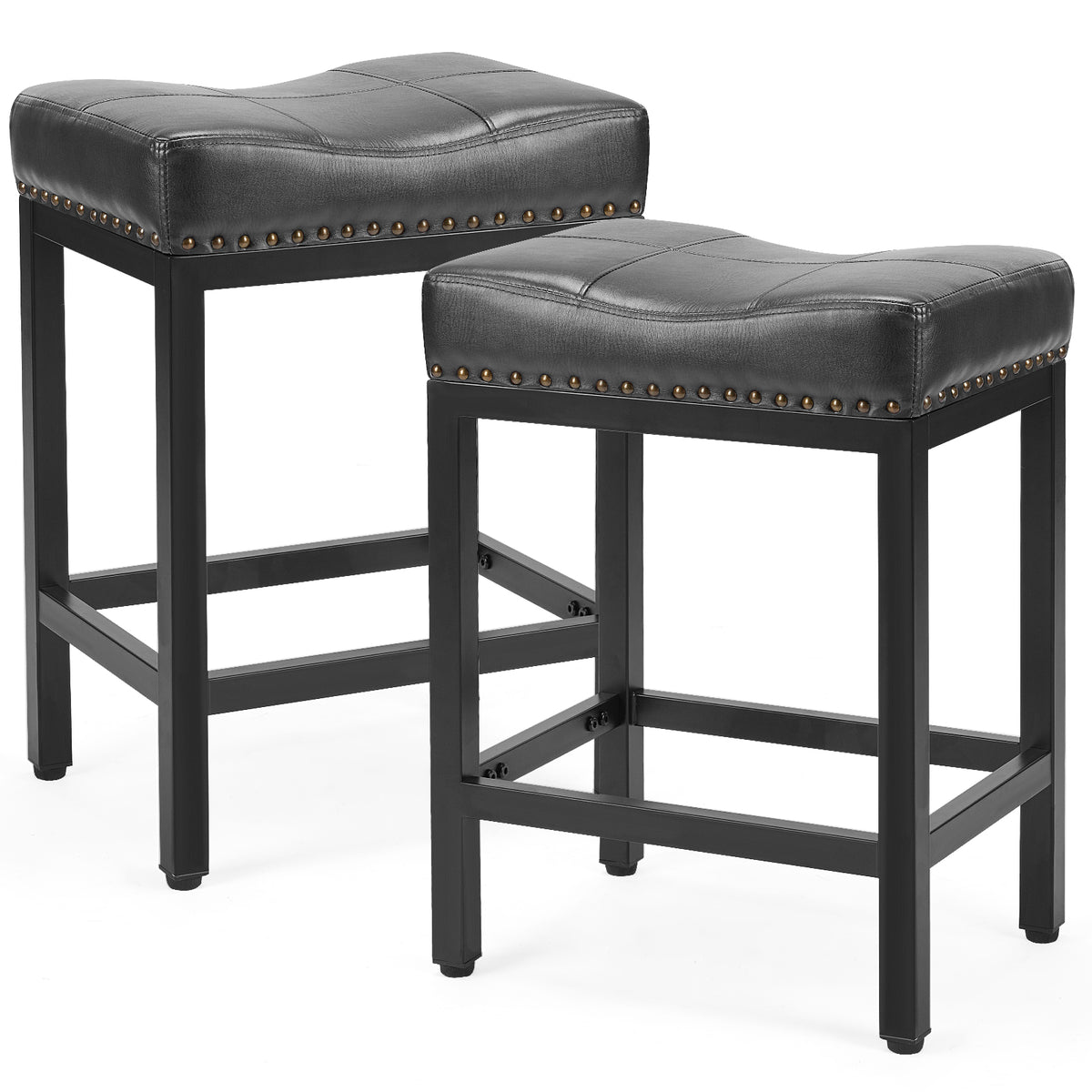 Pair of black upholstered saddle counter stools with black frames