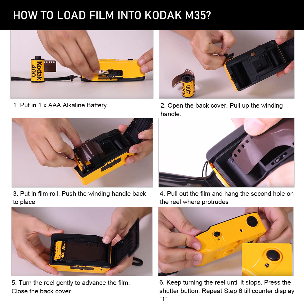 Illustrated instructions for loading film into the camera