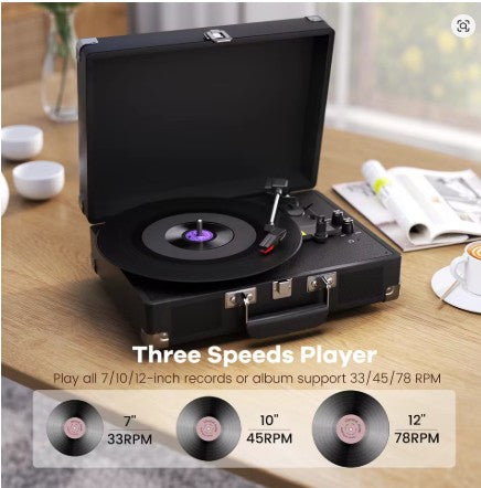 Portable Vintage Suitcase Turntable (Maio C210) — 3-Speed, Bluetooth TX/RX, Built-In Speakers