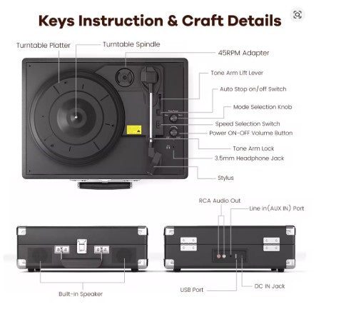 Portable Vintage Suitcase Turntable (Maio C210) — 3-Speed, Bluetooth TX/RX, Built-In Speakers