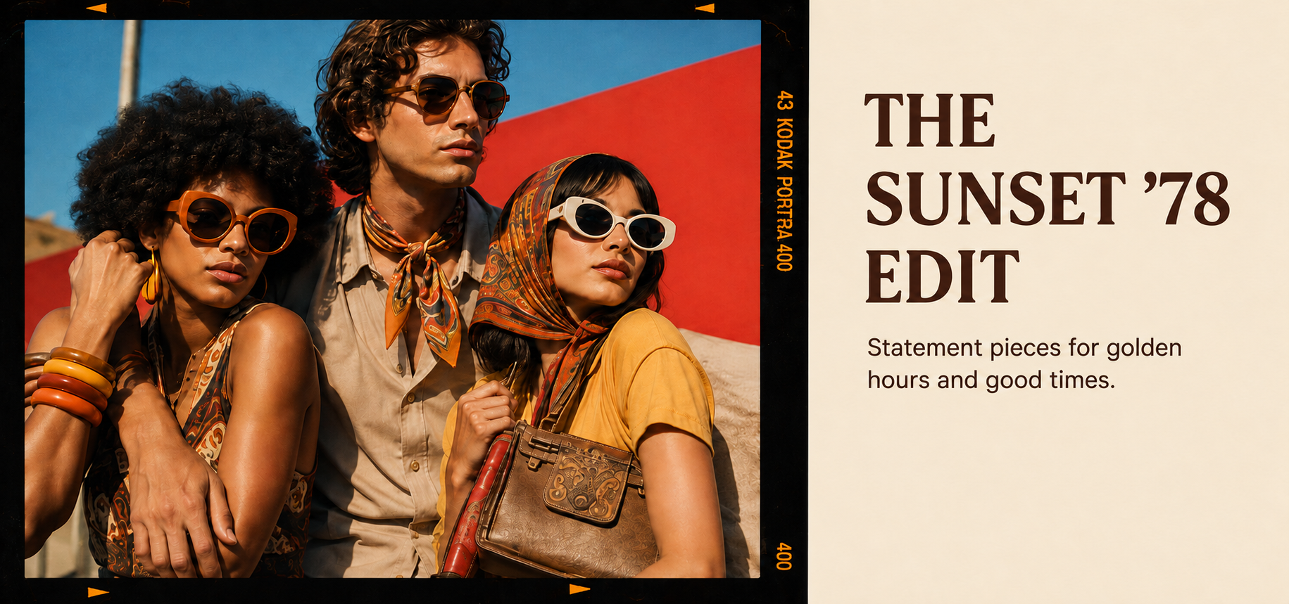 Three people wearing retro-inspired sunglasses against a red wall and blue sky.