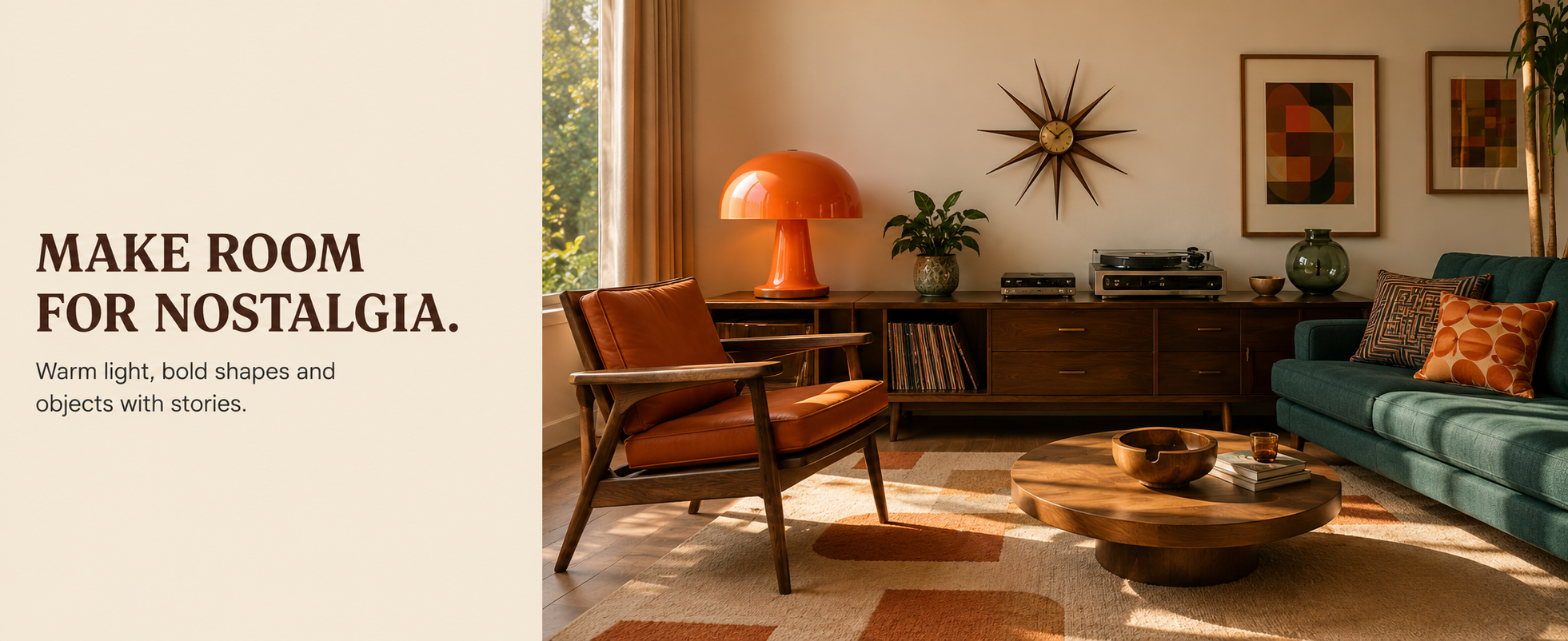 Warm retro living room with an orange mushroom lamp, starburst clock, walnut furniture and a green sofa.