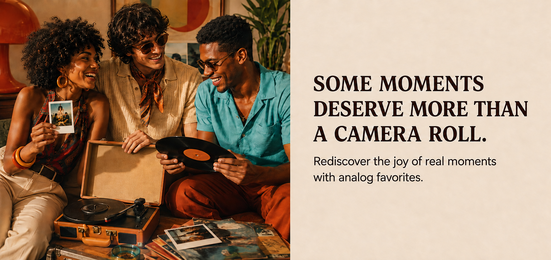 Three friends sharing a vinyl record and an instant photograph beside an open suitcase record player.