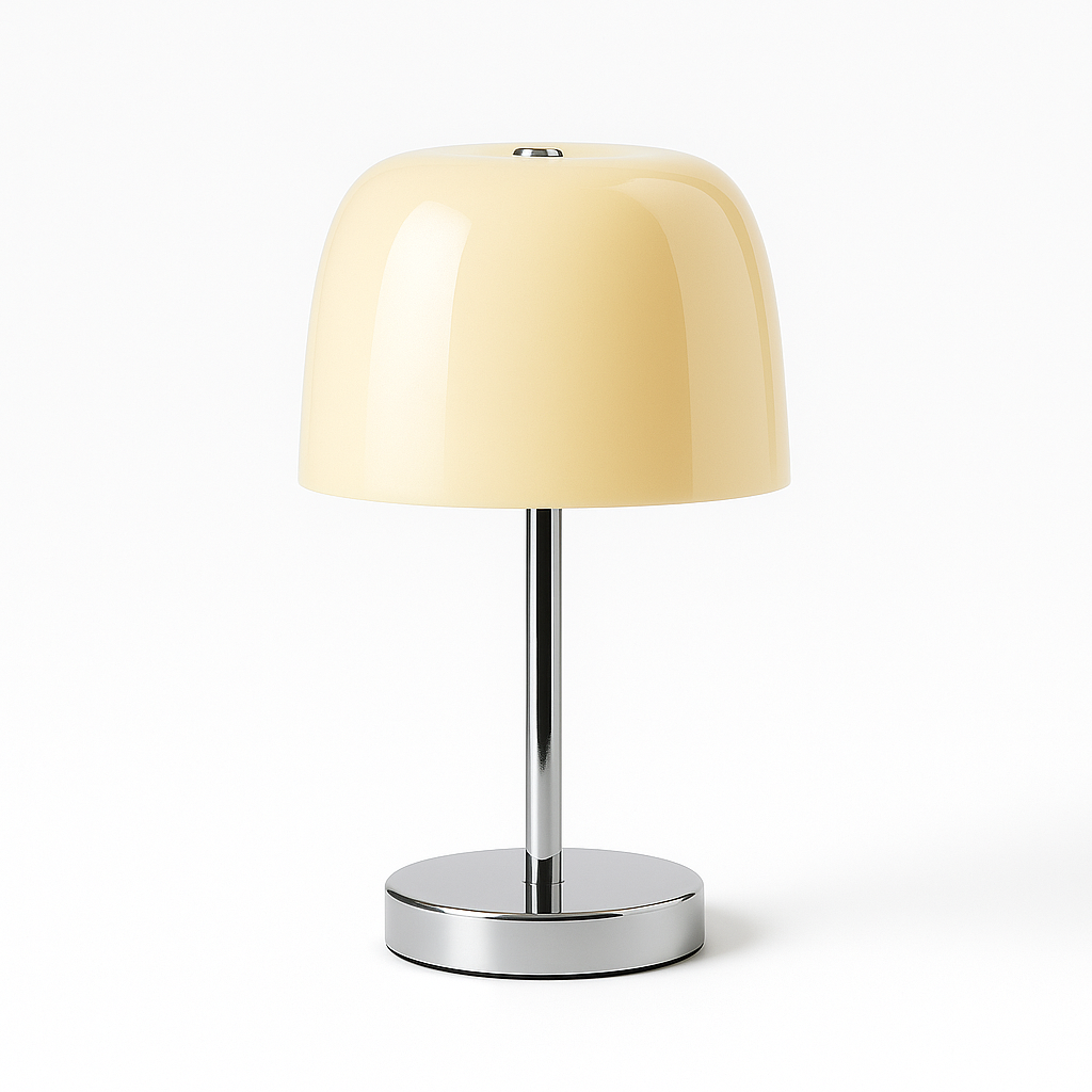 Cream mushroom-style table lamp with chrome base, retro 70s mid-century design