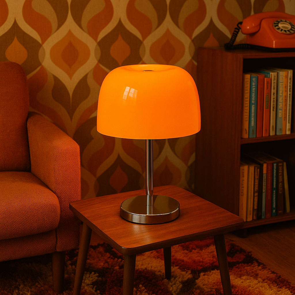 Orange retro mushroom lamp with chrome base on wooden table in vintage 70s living room with geometric wallpaper and rotary phone
