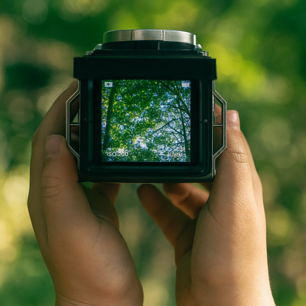 Child holding CHUZHAO retro digital toy camera showing trees through waist-level viewfinder