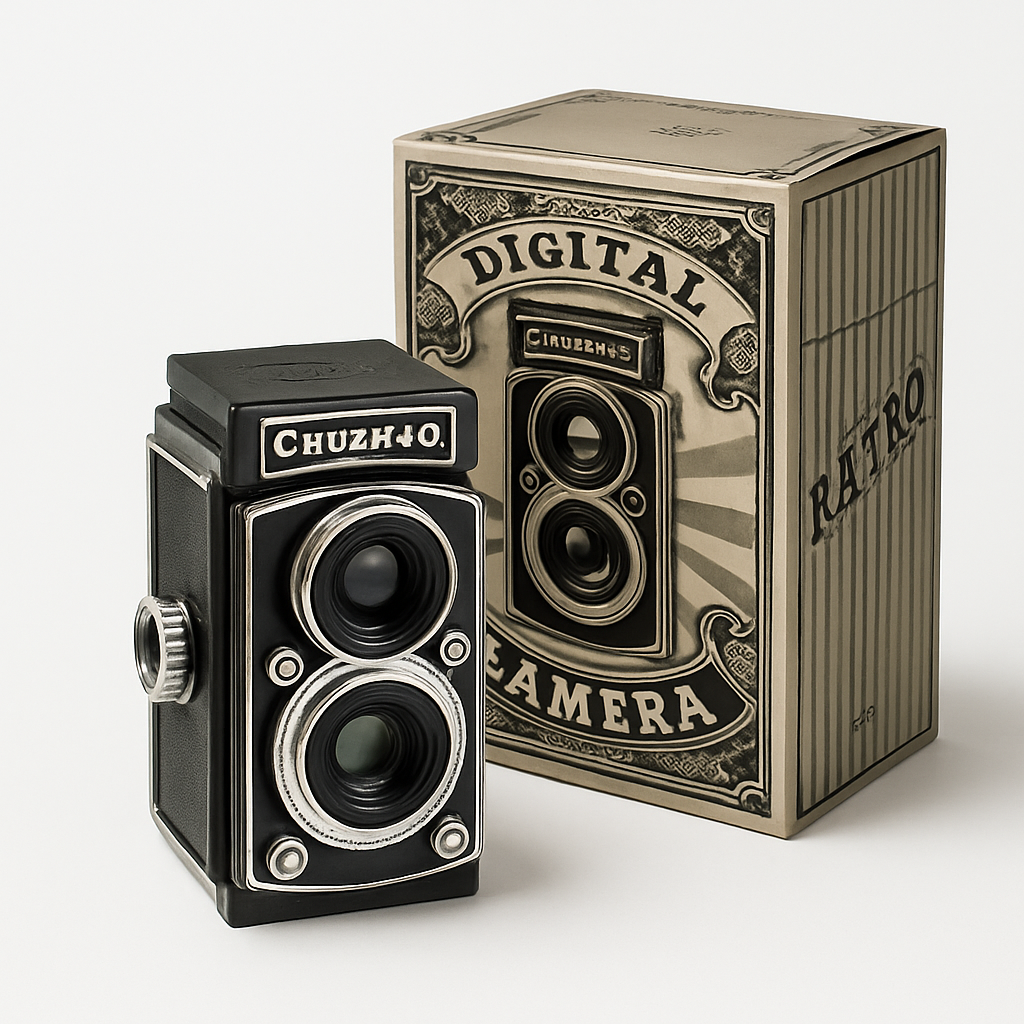 CHUZHAO retro digital toy camera displayed with decorative vintage-style gift box packaging