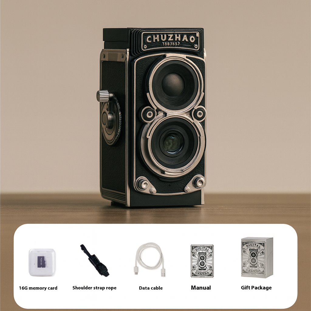Complete retro-style digital toy camera package with 16GB memory card, strap, cable, manual, and gift box