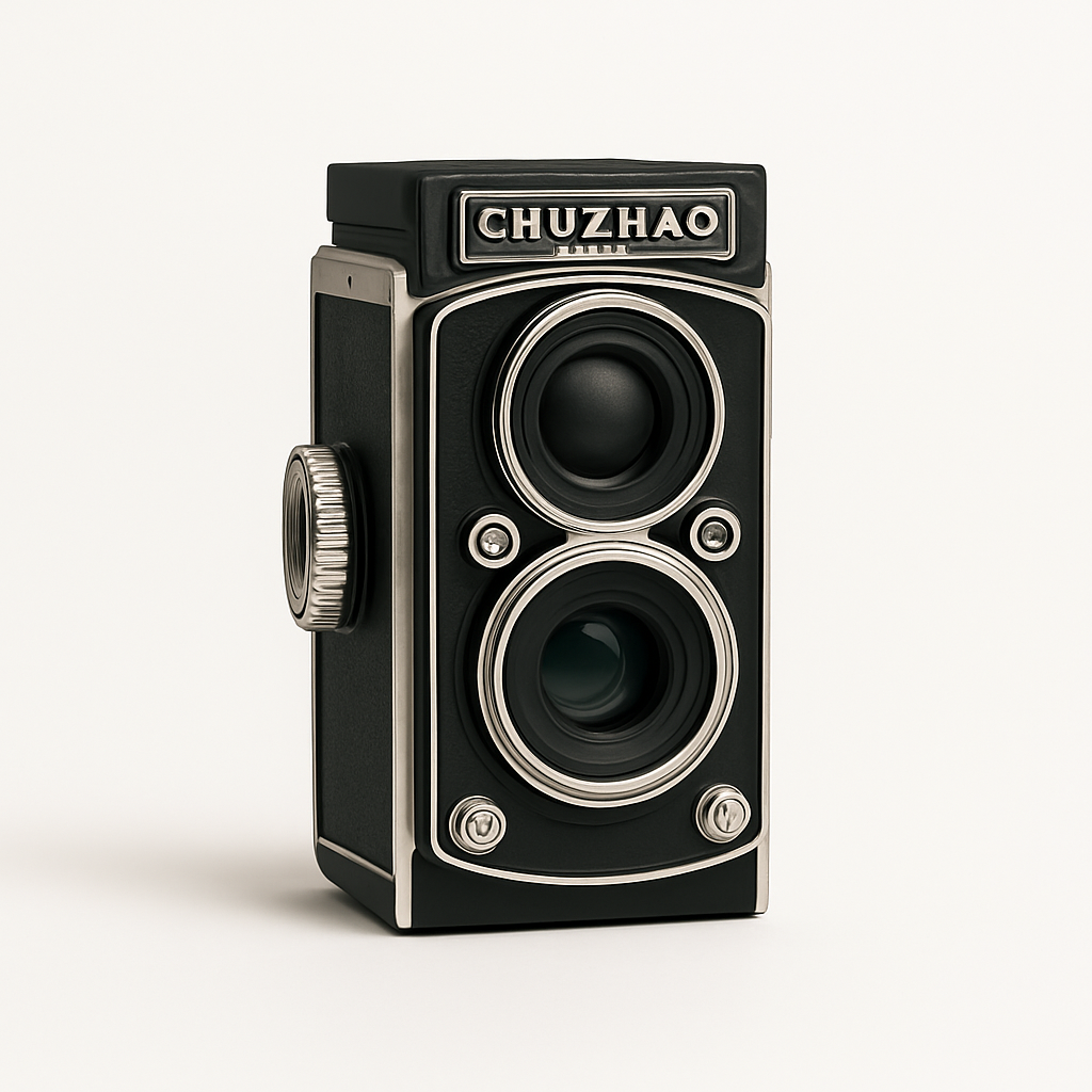 Vintage-inspired CHUZHAO digital toy camera with twin-lens reflex design on clean white background