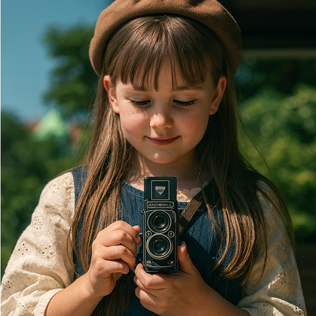 Young girl smiling outdoors holding a CHUZHAO retro digital toy camera in vintage style
