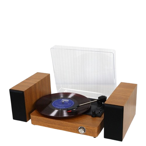 Vintage-style Hi-Fi turntable in light walnut wood with matching external speakers, transparent dust cover and vinyl record — minimalist product photo for TheRetroGift.