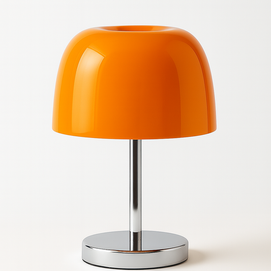 Retro mushroom table lamp with glossy orange dome shade and chrome base, isolated on white background
