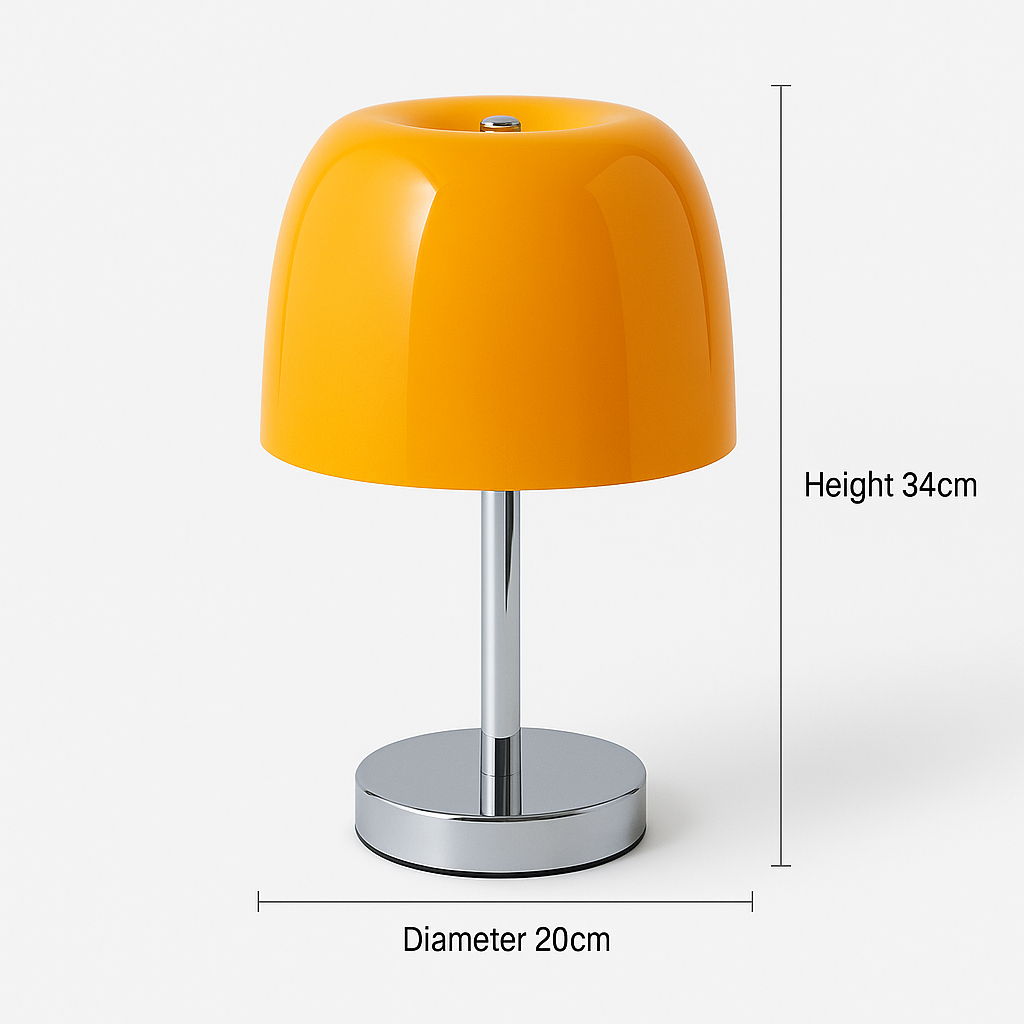 Retro orange mushroom lamp with chrome base, dimensions height 34cm and diameter 20cm shown on image